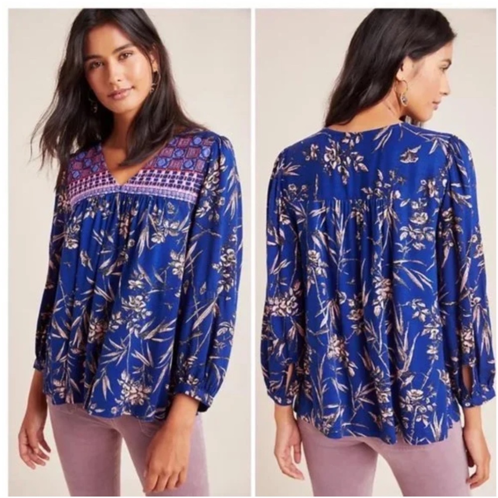 Anthropologie Indigo floral peasant blouse
